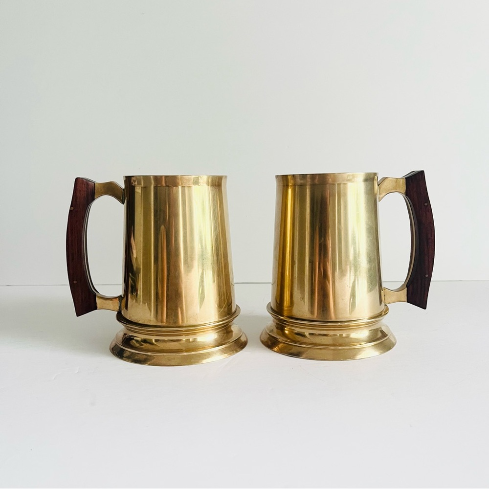 Vintage Brass Beer Tankards Wood Handles Set of 2